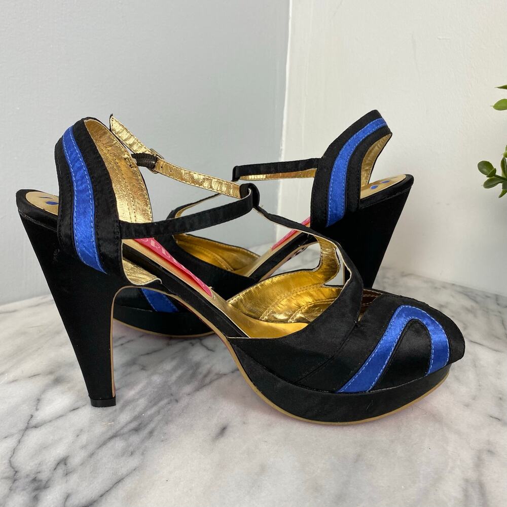 Bordello Giggle 02 Black Blue Satin T Strap Peep Toe Heel Pump Pinup Size 10 New - Picture 5 of 9